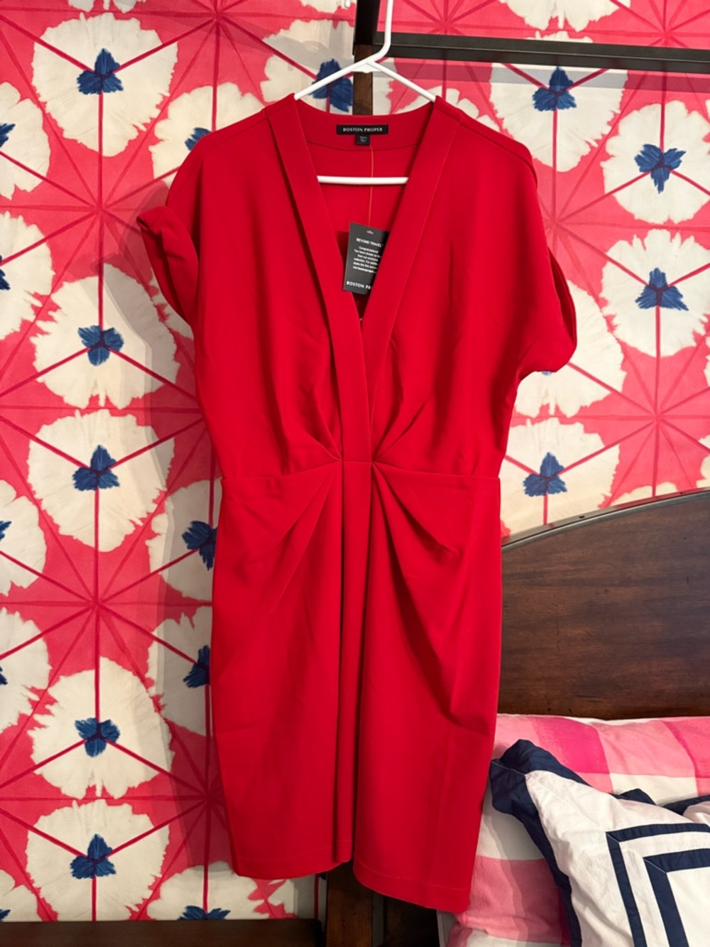 Boston Proper Bright Red V-Neck Twist-Front Dress